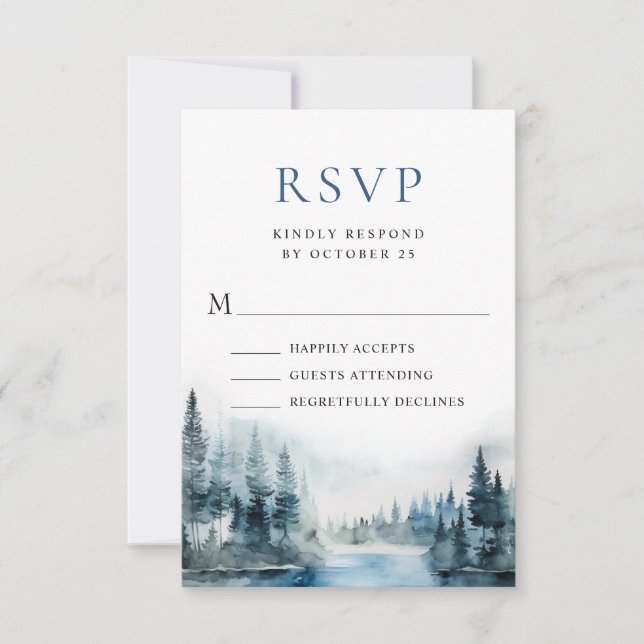 Elegant Watercolor Mountains Forest Wedding RSVP Card (Front)