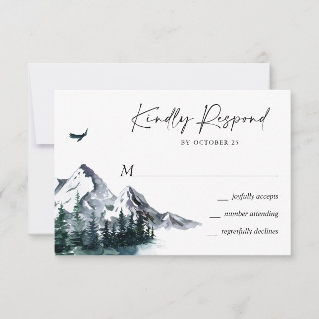 Elegant Watercolor Mountains Forest Wedding  RSVP Card (Front)