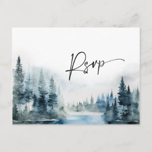 Elegant Watercolor Mountains Forest Wedding RSVP Postcard