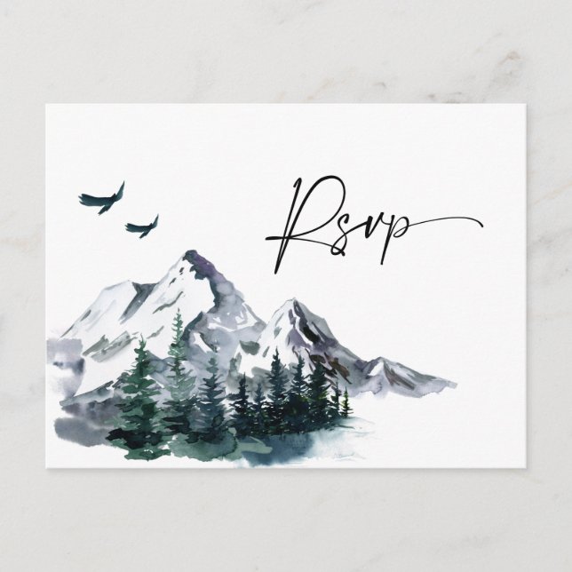 Elegant Watercolor Mountains Forest Wedding RSVP   Postcard (Front)