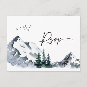 Elegant Watercolor Mountains Forest Wedding RSVP Postcard