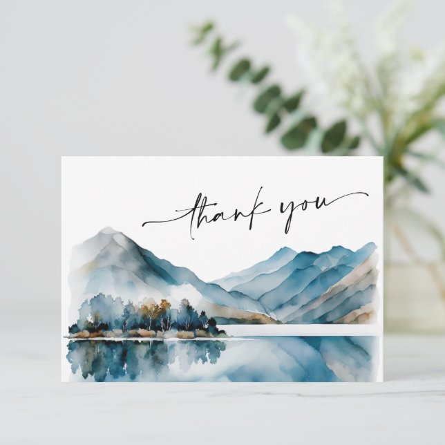 Elegant Watercolor Mountains Forest Wedding Thank You Card (Standing Front)