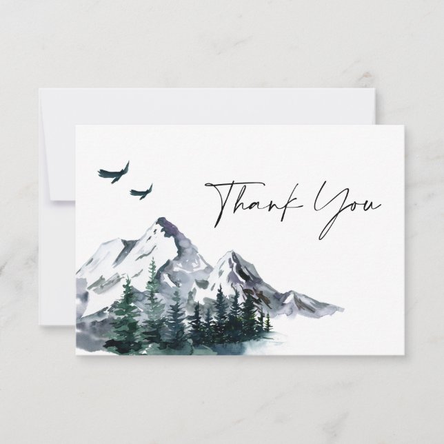 Elegant Watercolor Mountains Forest Wedding  Thank You Card (Front)