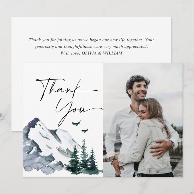 Elegant Watercolor Mountains Forest Wedding Thank You Card (Front/Back)