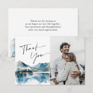 Elegant Watercolor Mountains Wedding Photo Thank You Card