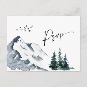 Elegant Watercolor Mountains Wedding QR code RSVP Postcard