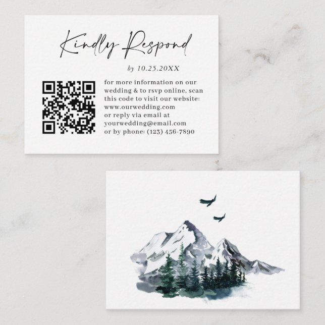 Elegant Watercolor Mountains Wedding QR RSVP Enclosure Card (Front/Back)