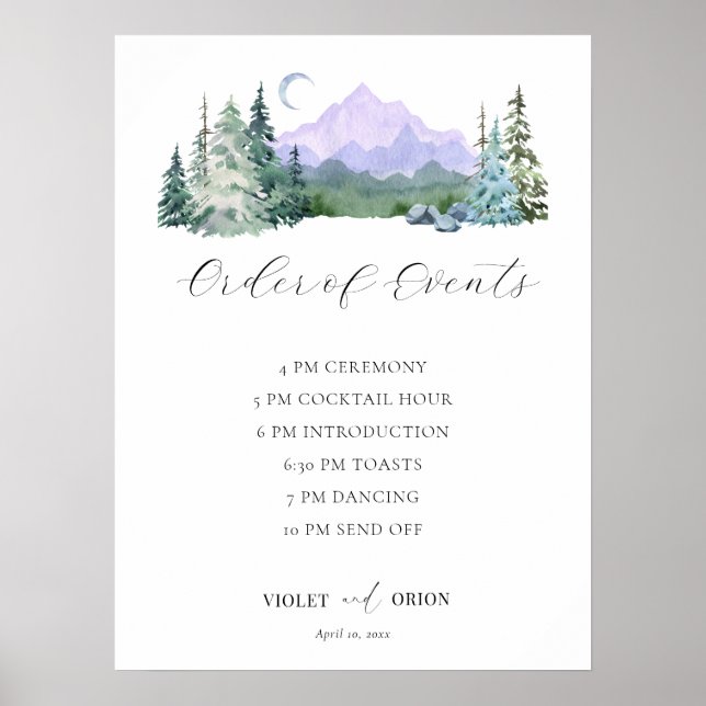 Elegant Watercolor Mountains Wedding Schedule  Poster (Front)