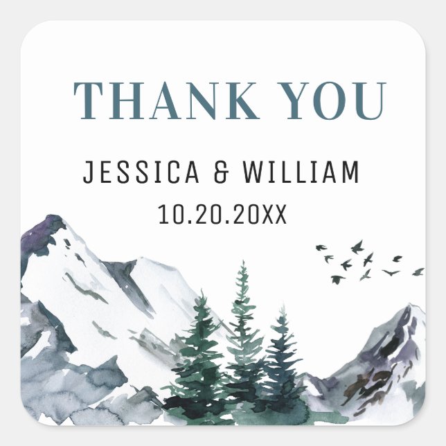 Elegant Watercolor Mountains Wedding Thank You Squ Square Sticker (Front)
