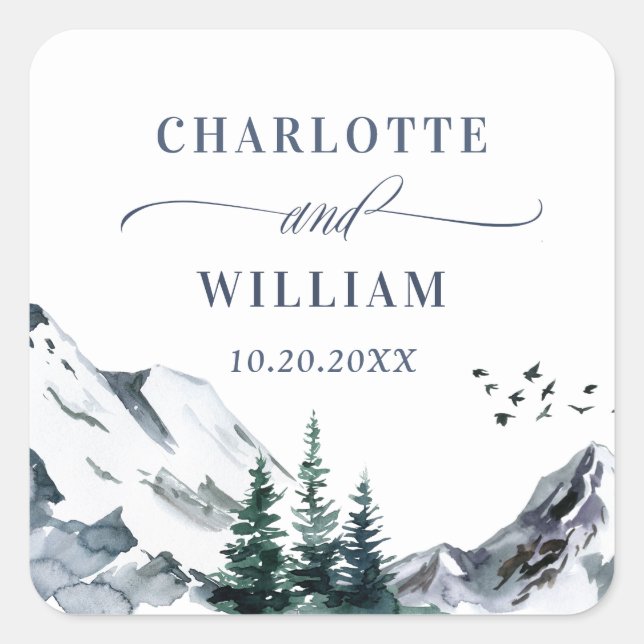 Elegant Watercolor Mountains Wedding Thank You Squ Square Sticker (Front)