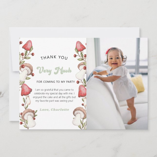 Elegant Watercolor Mushroom Woodland Photo  Thank You Card (Front)