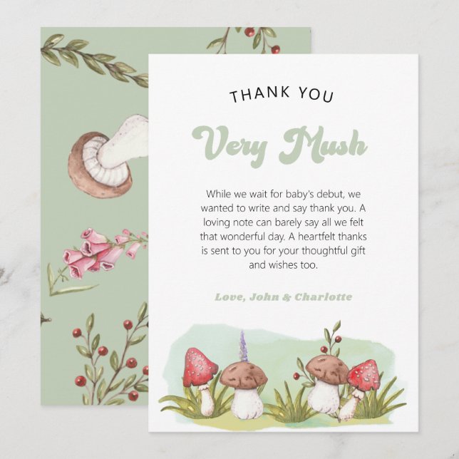 Elegant Watercolor Mushroom Woodland  Thank You Card (Front/Back)