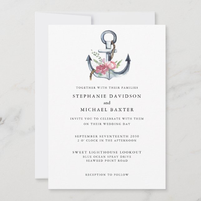 Elegant Watercolor Nautical Anchor Greenery Invitation (Front)