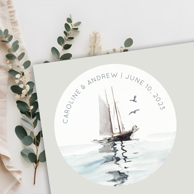 Elegant Watercolor Nautical Sailing Yacht Wedding Classic Round Sticker (Creator Uploaded)