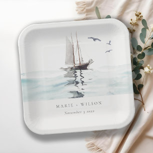 Elegant Watercolor Nautical Sailing Yacht Wedding Paper Plate