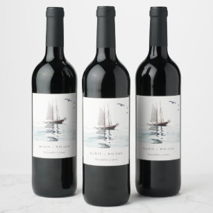 Elegant Watercolor Nautical Sailing Yacht Wedding Wine Label