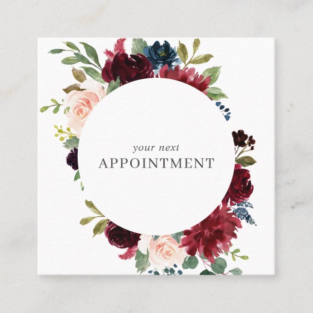Elegant Watercolor Navy Blue Burgundy Flowers Appointment Card (Front)