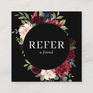 Elegant Watercolor Navy Blue Burgundy Flowers Referral Card