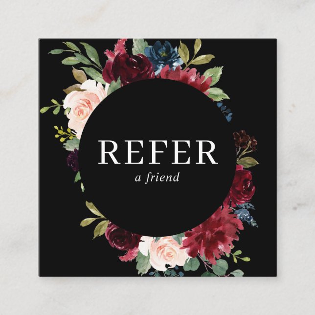 Elegant Watercolor Navy Blue Burgundy Flowers Referral Card (Front)