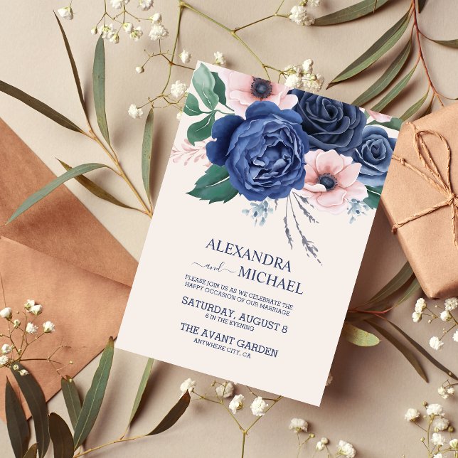 Elegant Watercolor Navy Blue Floral Wedding Invita Invitation (Creator Uploaded)