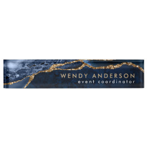 Elegant Watercolor Navy Blue Gold Glitter Agate Nameplate