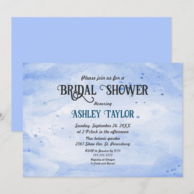 Elegant Watercolor Navy Blue Rustic Bridal Shower Invitation (Front/Back)