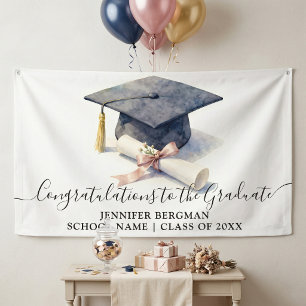 Elegant Watercolor Navy Cap and Diploma Graduation Banner
