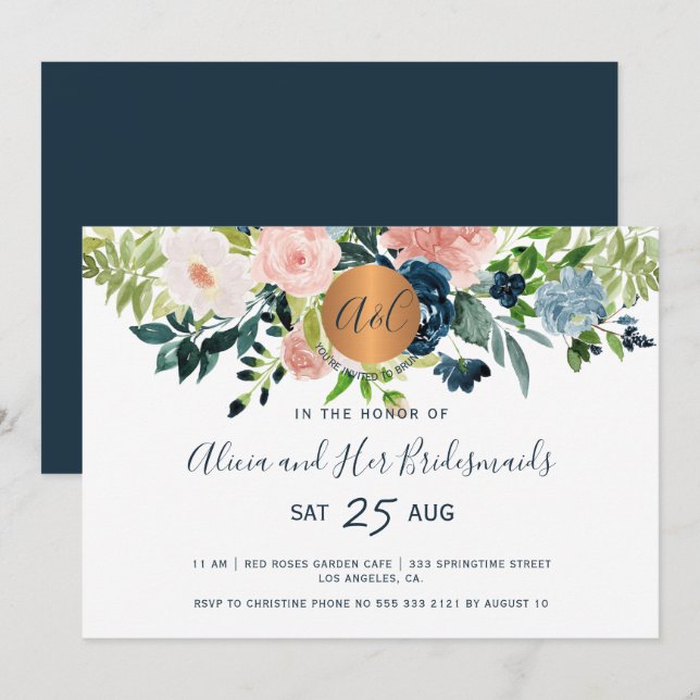 Elegant watercolor navy floral bridesmaids brunch invitation (Front/Back)