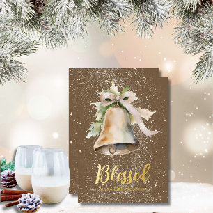 Elegant Watercolor Neutral Bell & Ribbon Design Foil Holiday Card