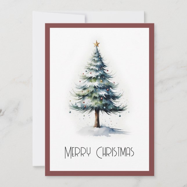 Elegant Watercolor Non Photo Christmas Tree Holiday Card (Front)