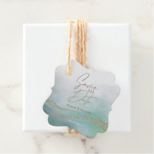 Elegant Watercolor Ocean Aqua & Gold Save the Date Favour Tags