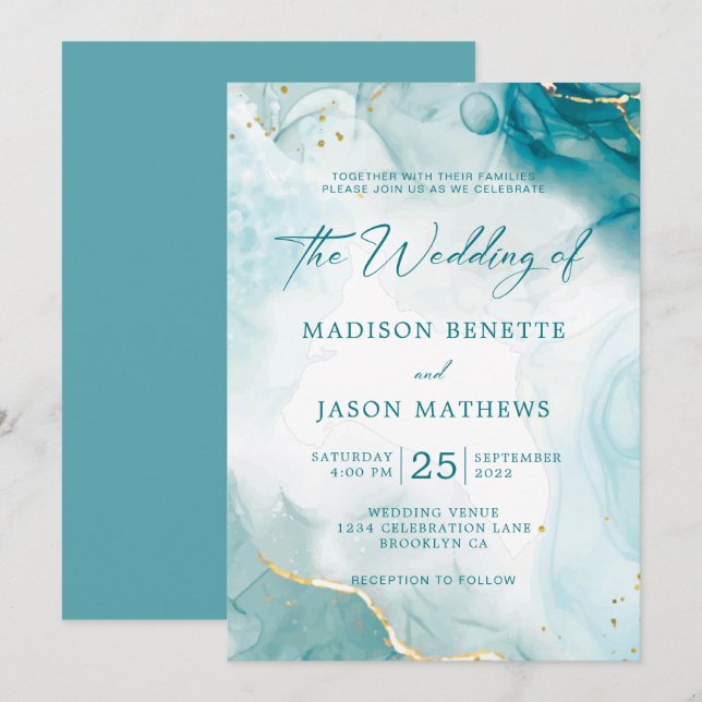 Elegant Watercolor Ocean Teal Blue Gold Wedding Invitation (Front/Back)
