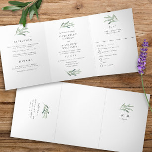 Elegant Watercolor Olive Branch All-In-One Wedding Tri-Fold Invitation