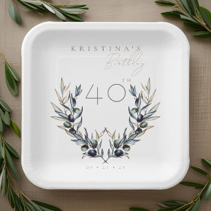 Elegant Watercolor Olive Branch ANY Birthday  Paper Plate