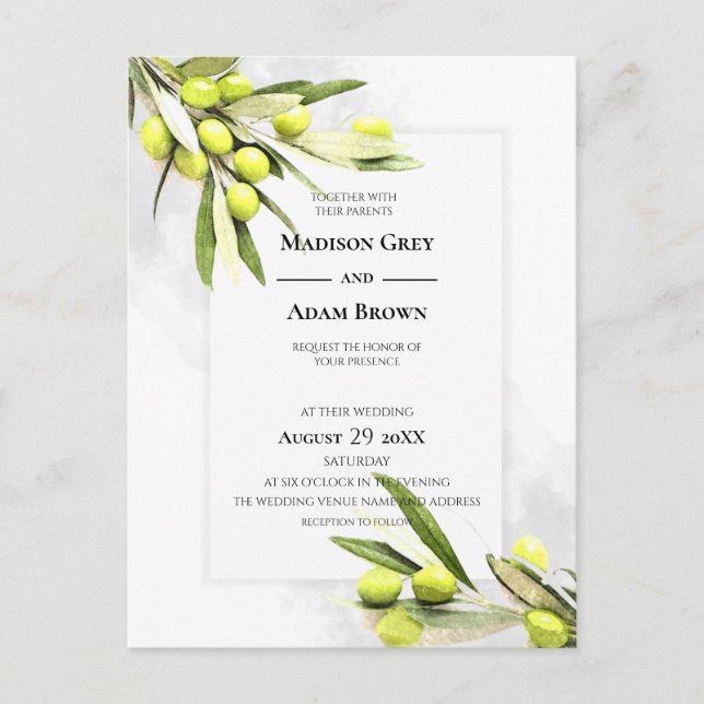 Elegant Watercolor Olive Branches Wedding Invitation Postcard (Front)