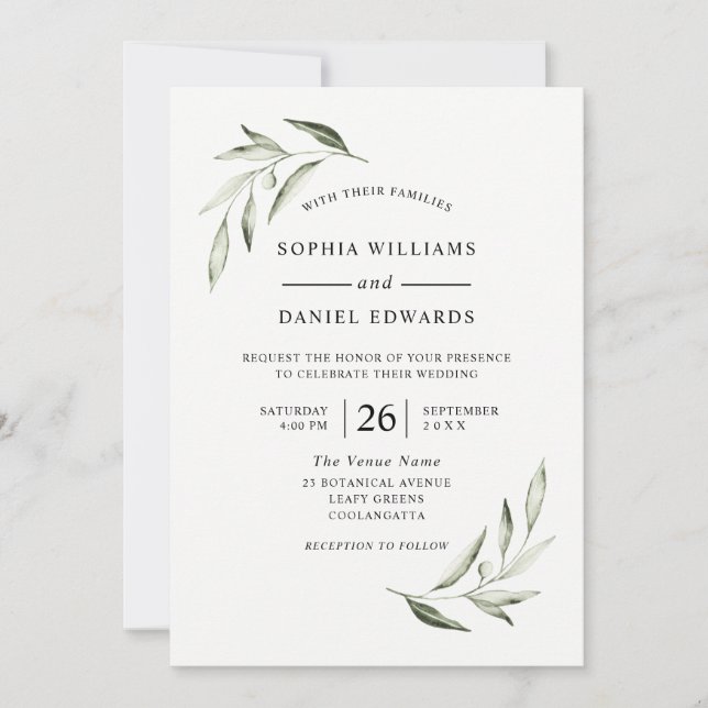 Elegant Watercolor Olive Green Leaf Wedding Invitation (Front)