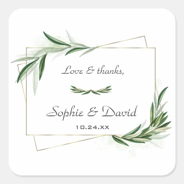 Elegant Watercolor Olive Greenery Gold Wedding  Square Sticker (Front)