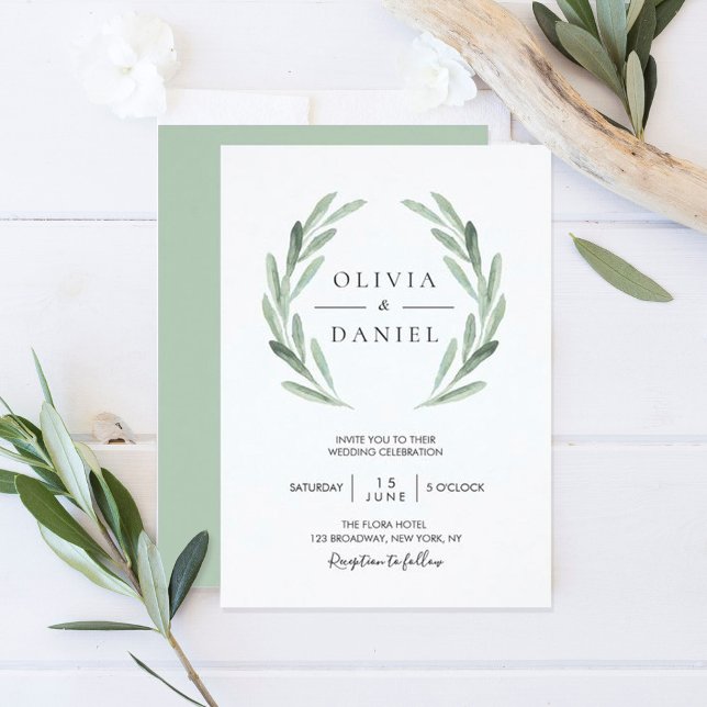 Elegant Watercolor Olive Leaf Wreath Green Wedding Invitation (Creator Uploaded)
