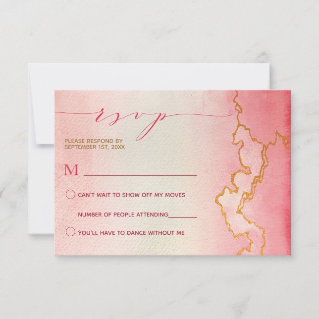 Elegant Watercolor Ombre Pink Red Gold Marble RSVP Invitation (Front)