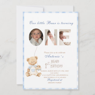 Elegant Watercolor One 1st Birthday Bear Photo Bo Invitation