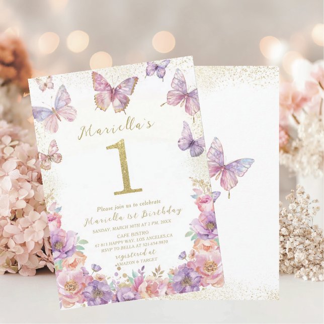 Elegant  Watercolor One 1st Birthday Butterfly Gir Invitation (Creator Uploaded)
