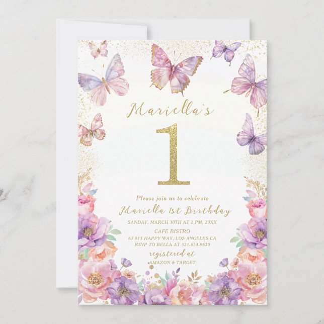 Elegant  Watercolor One 1st Birthday Butterfly Gir Invitation (Front)