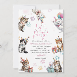 Elegant  Watercolor One 1st Birthday Kitten cat bi Invitation