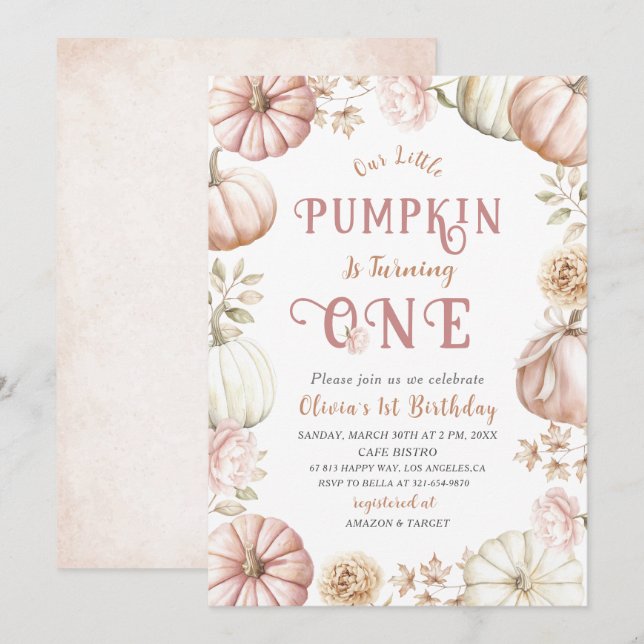 Elegant  Watercolor One 1st Birthday Pumpkin is on Invitation (Front/Back)