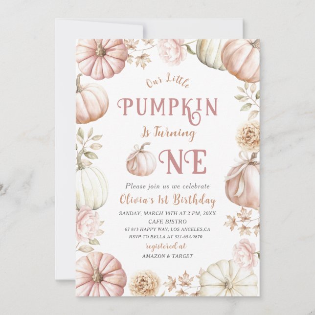 Elegant  Watercolor One 1st Birthday Pumpkin is on Invitation (Front)