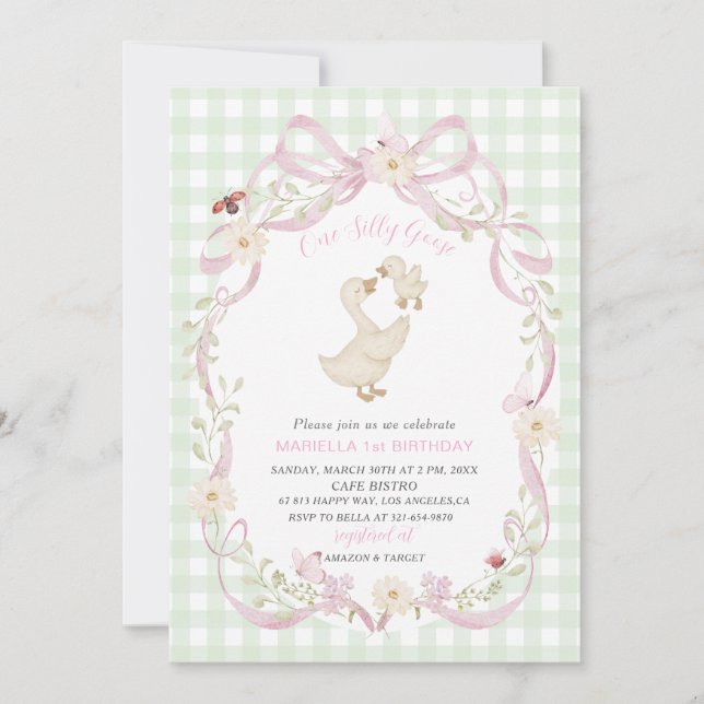 Elegant  Watercolor One 1st Birthday silly goose G Invitation (Front)