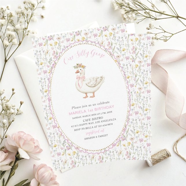 Elegant  Watercolor One 1st Birthday silly goose G Invitation (Creator Uploaded)