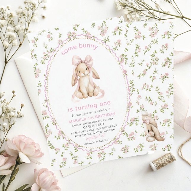Elegant  Watercolor One 1st Birthday some bunny Gi Invitation (Creator Uploaded)