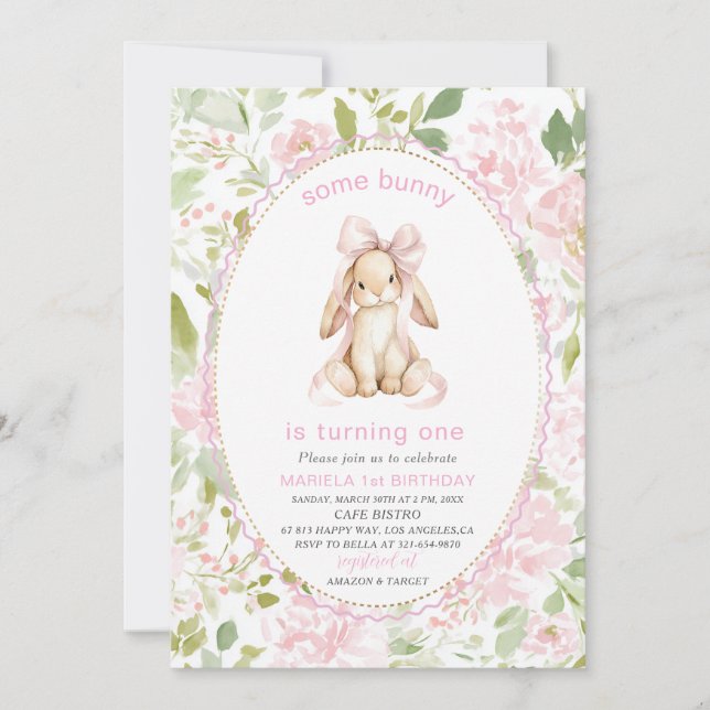 Elegant  Watercolor One 1st Birthday some bunny Gi Invitation (Front)