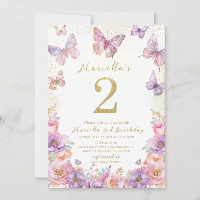Elegant  Watercolor One 2nd Birthday Butterfly Gir Invitation (Front)
